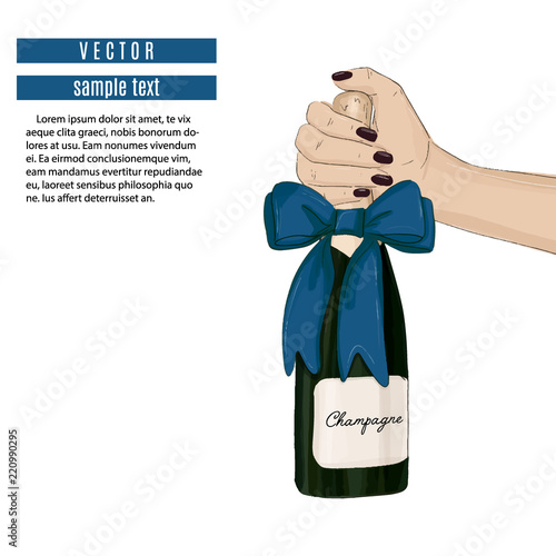 Holding champagne bottle with bow. Sparkled alcohol drink, holiday advertising. Wedding, anniversary, birthday design. Event flyer, poster