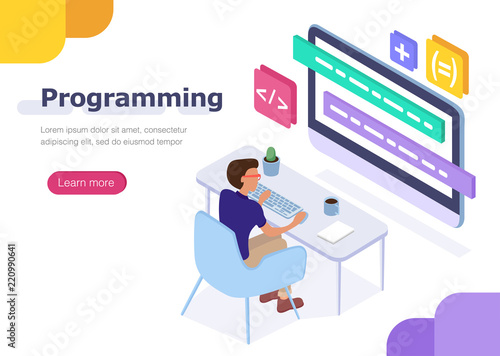 Programmer at work. Concept for infographics, web banner. Flat isometric vector illustration.