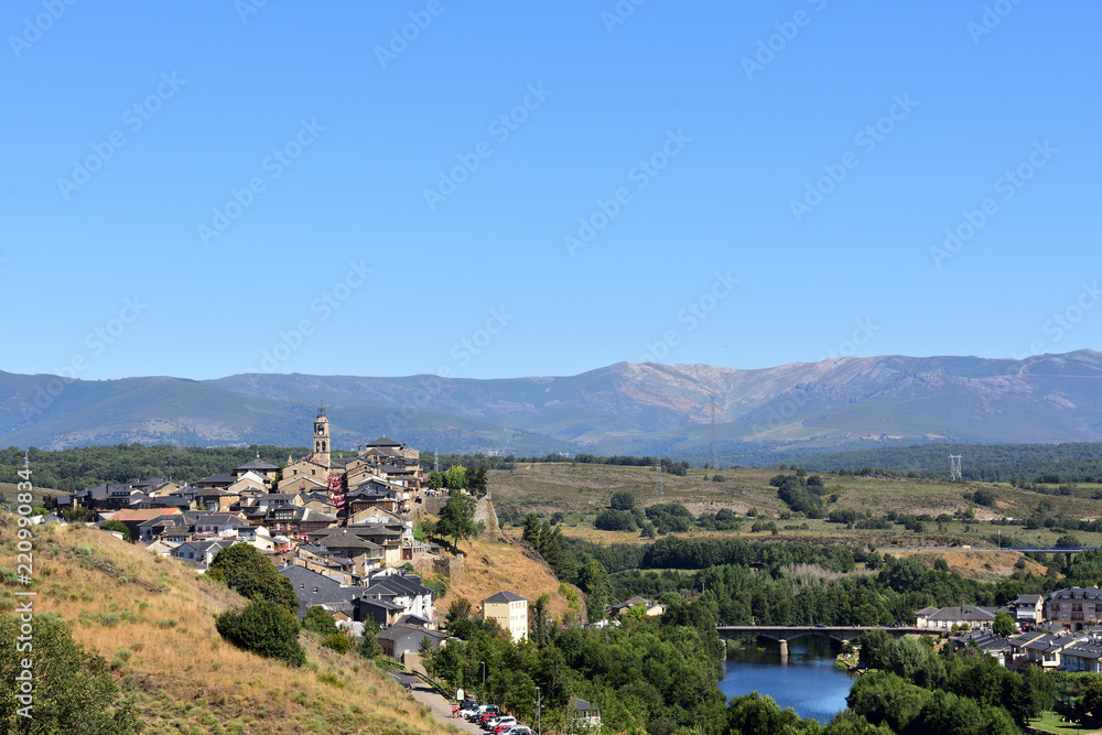 Elevated view of the medieval town of Puebla de Sanabria and the river Tera, Zamora province, Castilla-Leon, Spain