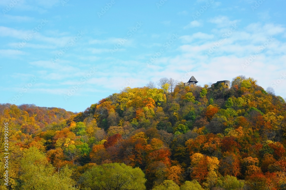The mountains are covered with autumn wood on the background of the blue sky. On the mountain stands the old castle-fortress