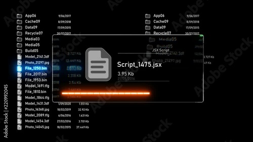 Futuristic interface of uploading/downloading files process. Blinking progress bar.