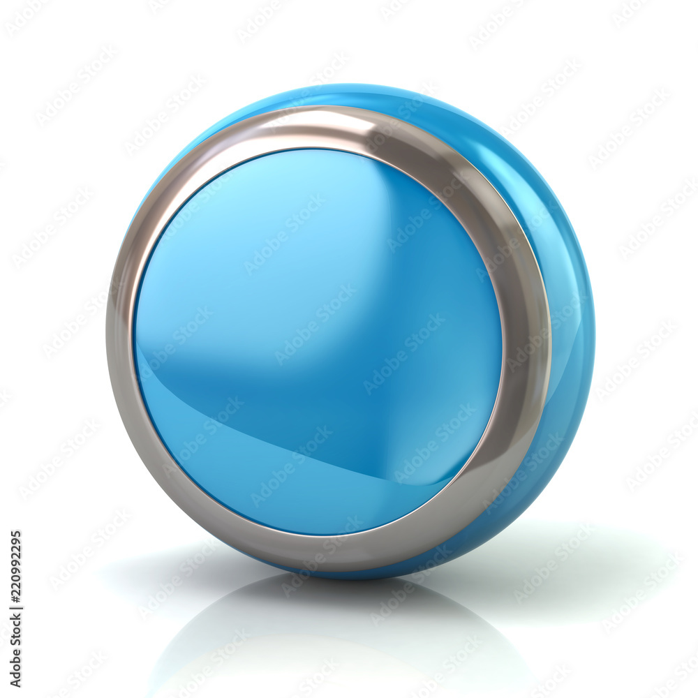 Round blue button with metal borde 3d illustration on white background Round blue button with metal borde 3d illustration on white background