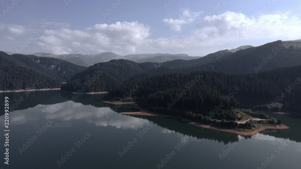 mountain lake view from drone