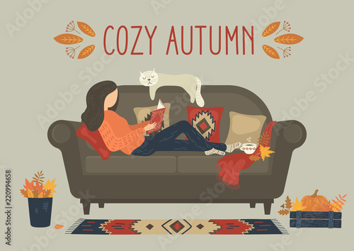 Cozy autumn. woman reading book on sofa at home. Heartwarming family concept. Original vector illustration.