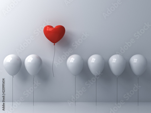 Stand out from the crowd and different concept One red heart balloon flying away from other white balloons on white wall background with window reflections and shadows 3D rendering