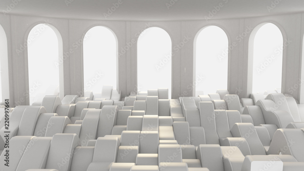 Obraz premium White empty interior, white room with windows, background. 3d illustration, 3d rendering.