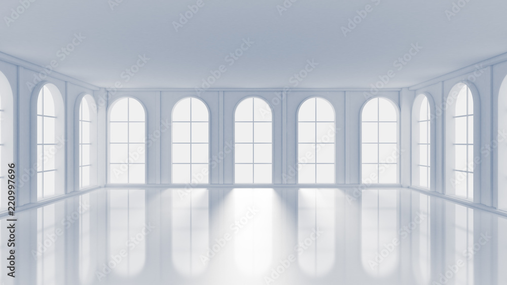Obraz premium White empty interior, white room with windows, background. 3d illustration, 3d rendering.