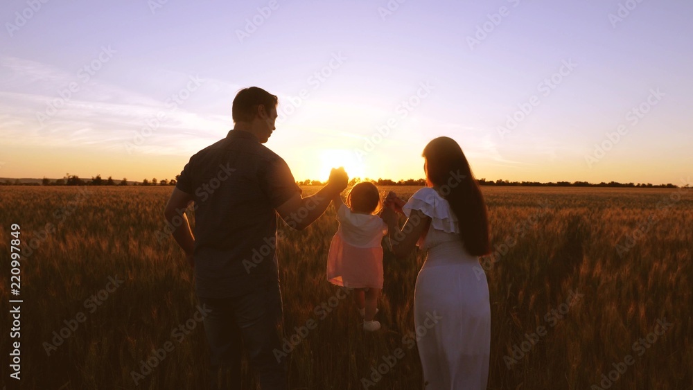 Child with his parents walks field with wheat in rays of golden sunset. Baby mom and dad play and laugh in field with wheat.