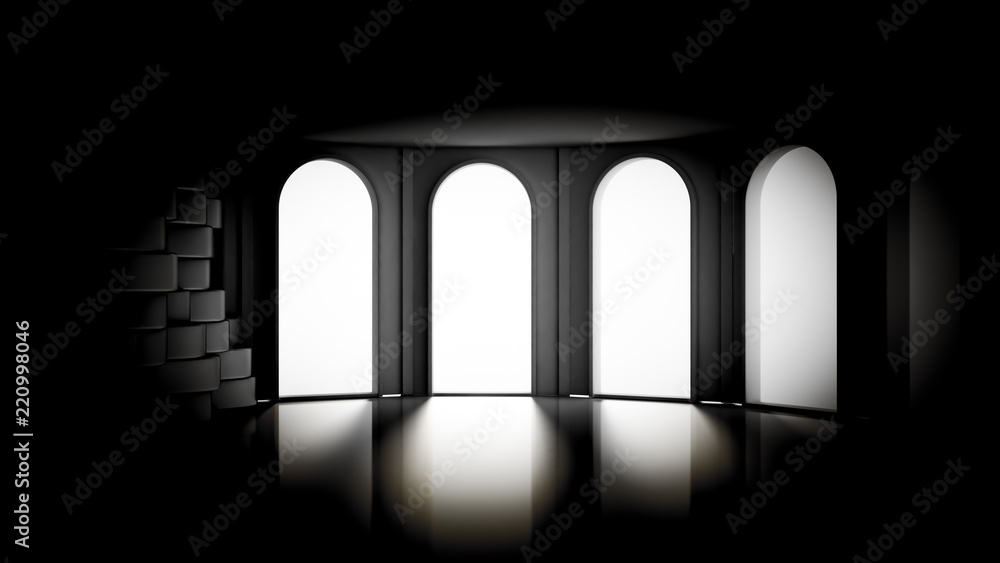 Grim black empty interior. 3d illustration, 3d rendering.