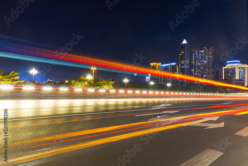 abstract image of blur motion of cars on the city road at night，Modern urban architecture in Chongqing, China