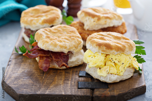 Breakfast biscuits with soft scrambled eggs and bacon
