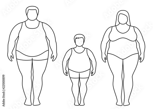 Contours of fat man, woman and child. Obese family vector illustration. Unhealthy lifestyle concept.