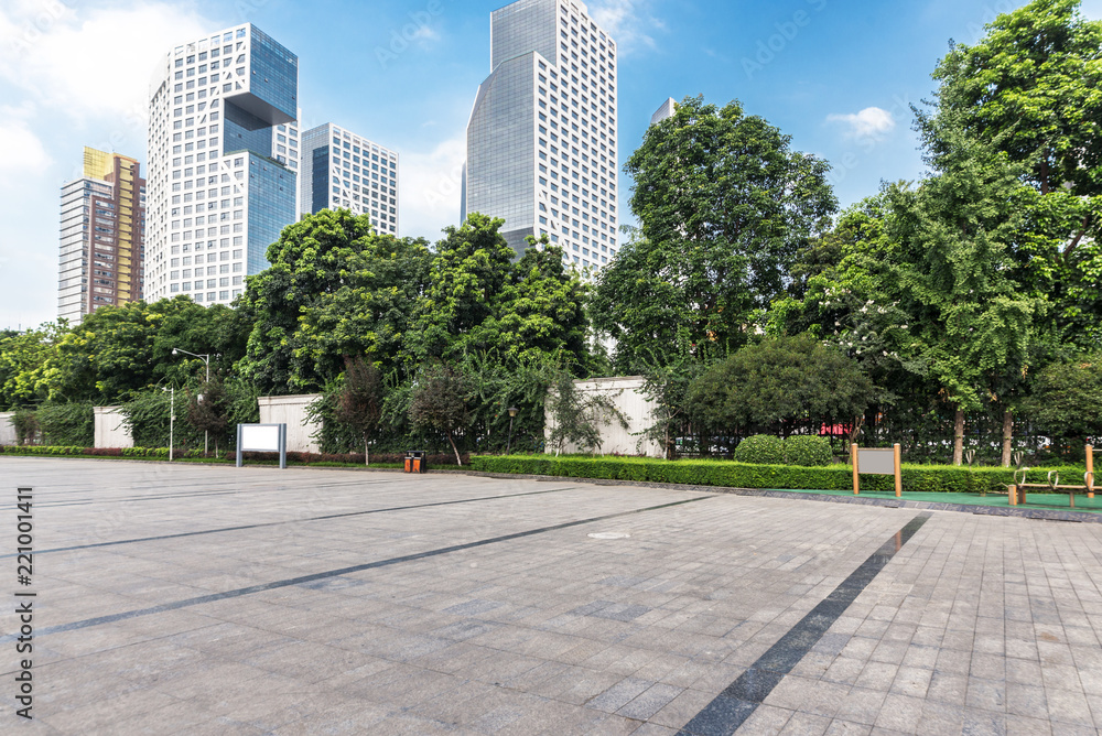 Panoramic skyline and buildings with empty concrete square floor in chengdu,china