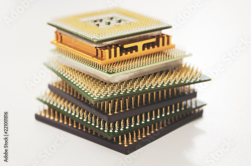 
different computer processors on a white background stacked in a stack