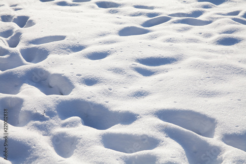 Beautiful snowy textured background, bluish colored snow abstract shape surface, close-up shallow depth of field