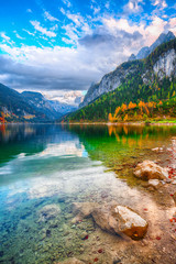 Beautiful view of idyllic colorful autumn scenery in Gosausee lake Austria