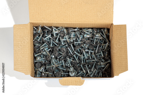 a lot of the gray screws in a cardboard box photo