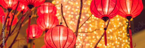 Chinese lanterns during new year festival. Vietnamese New Year BANNER, long format