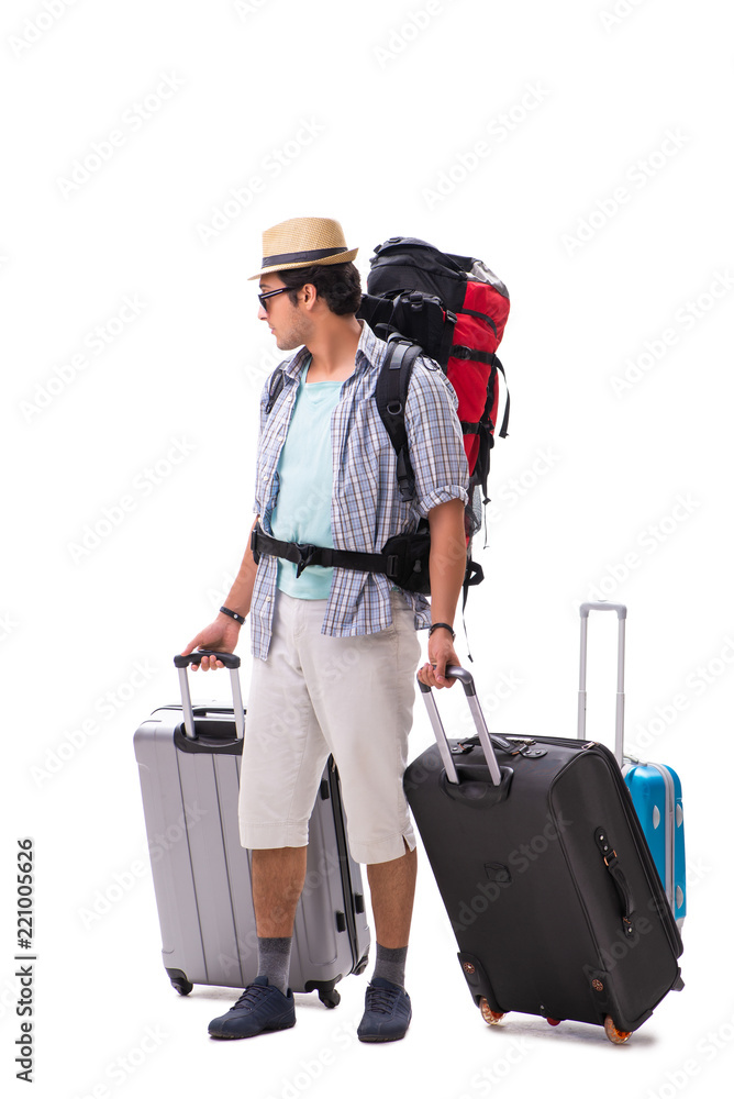 Young family preparing for vacation travel on white Young family preparing for vacation travel on white