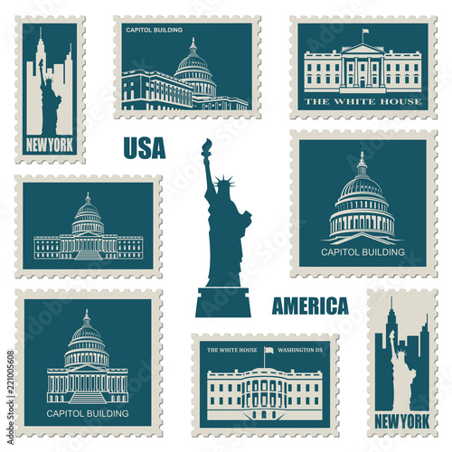 postage stamps set with american symbols statue of liberty, capitol building and white house