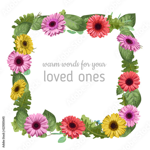 Wedding floral invitation, invite card. Vector watercolor style forest greenery, herbs, eucalyptus, gerbera, chamomile, chamaelaucium, waxflower natural, botanical green decorative frame, border
