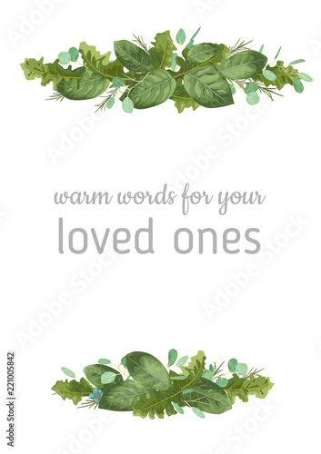 Wedding floral invitation, invite card. Vector watercolor style forest greenery, herbs, eucalyptus, leaves gerbera, chamomile, waxflower natural, decorative frame, border, elegant