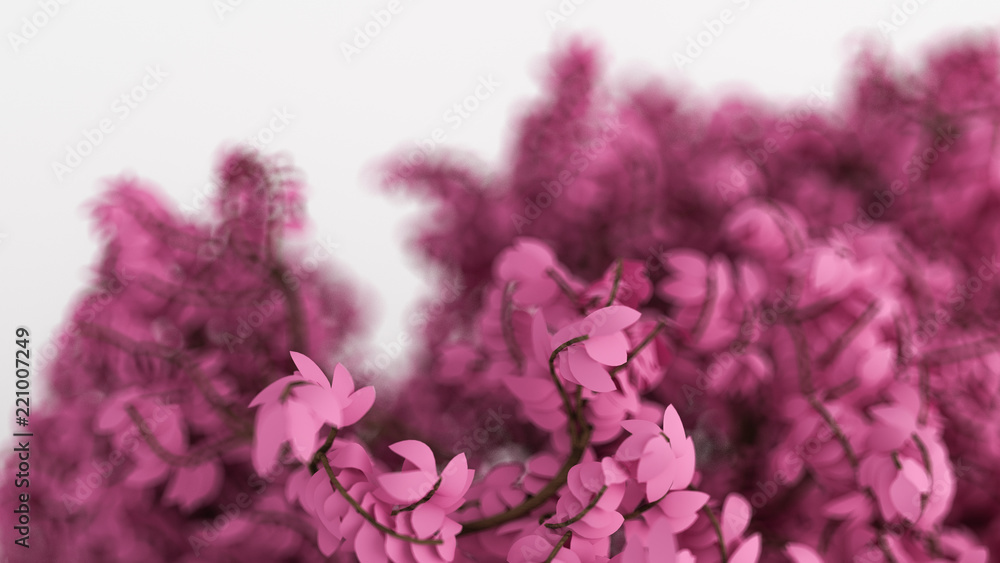 Beautiful pink background with leaves on white, the season of the year. 3d illustration, 3d rendering.