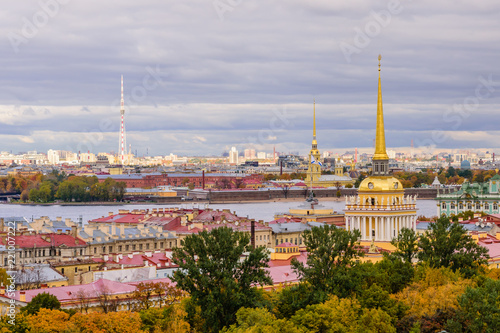 Sightseeing of Saint-Petersburg  Russia. Autumn aerial view of St. Petersburg. View from the colonnade of St. Isaac s Cathedral. Winter Palace  Peter and Paul fortress and the Admiralty.
