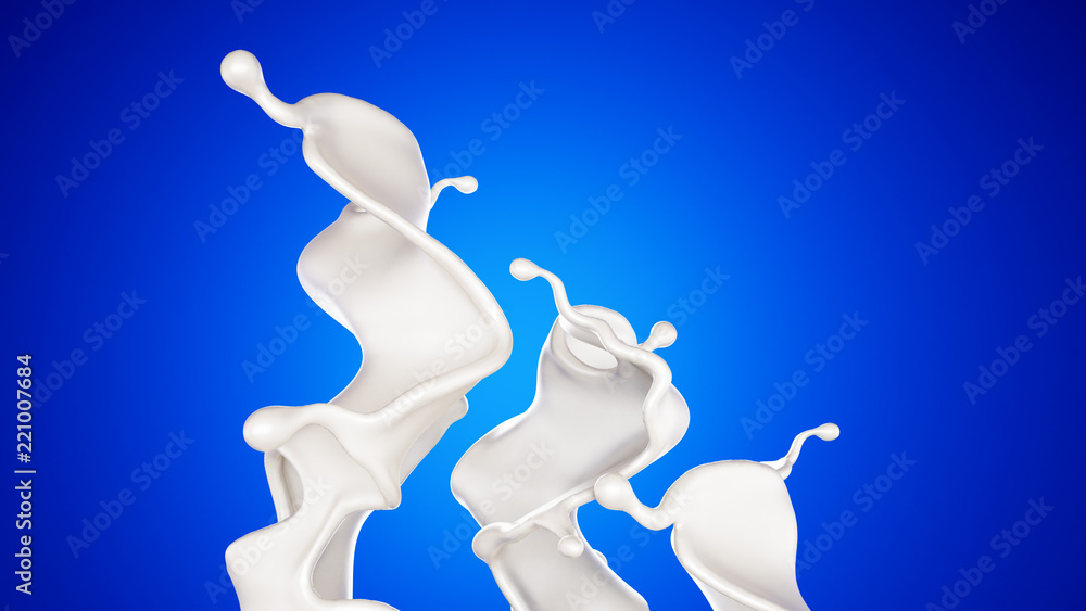 A splash of milk on a blue background. 3d illustration, 3d rendering. A splash of milk on a blue background. 3d illustration, 3d rendering.