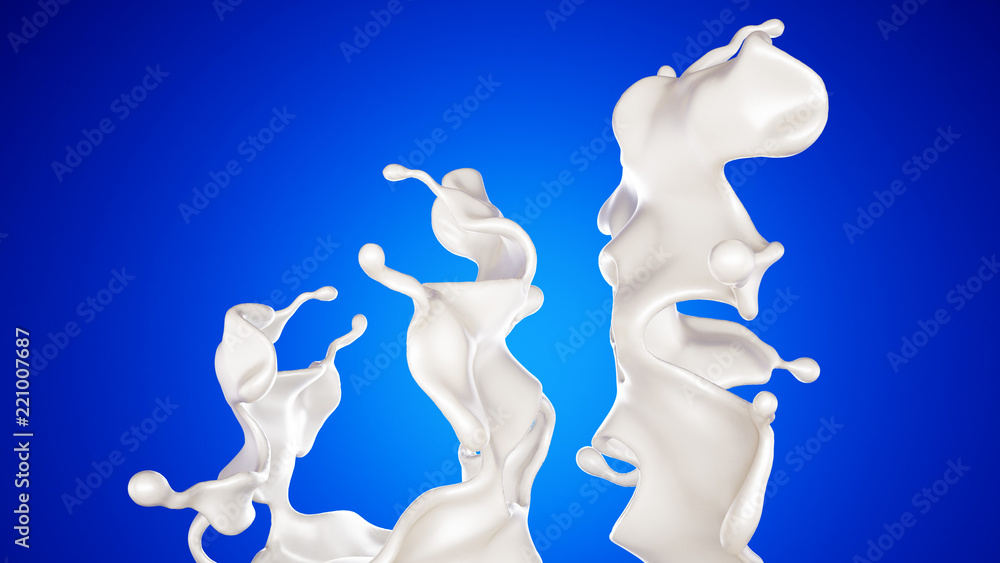 A splash of milk on a blue background. 3d illustration, 3d rendering. A splash of milk on a blue background. 3d illustration, 3d rendering.