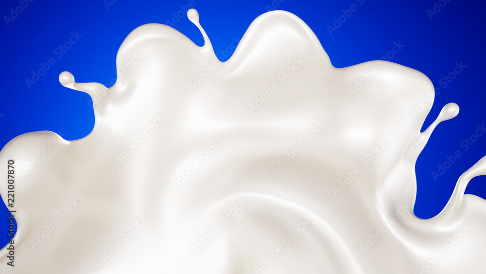 A splash of milk on a blue background. 3d illustration, 3d rendering. A splash of milk on a blue background. 3d illustration, 3d rendering.