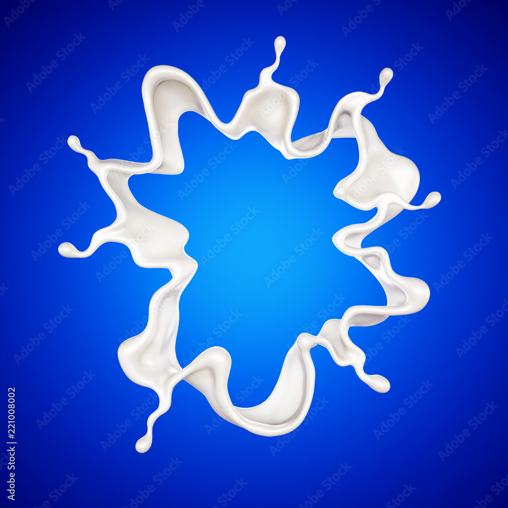 A splash of milk on a blue background. 3d illustration, 3d rendering. A splash of milk on a blue background. 3d illustration, 3d rendering.