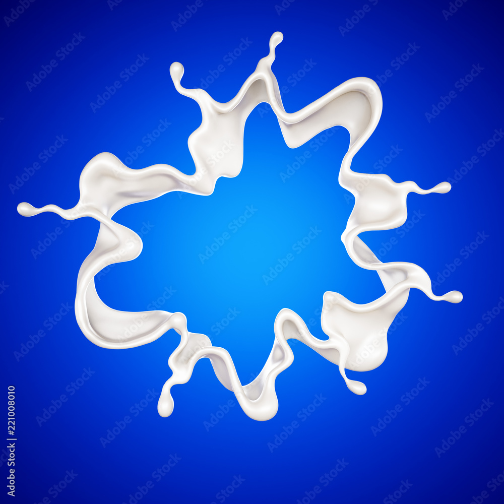 A splash of milk on a blue background. 3d illustration, 3d rendering. A splash of milk on a blue background. 3d illustration, 3d rendering.