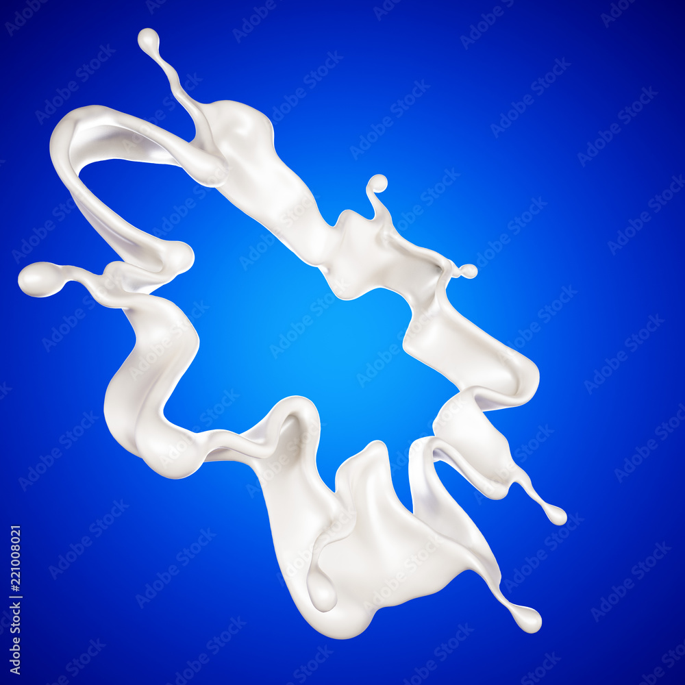 A splash of milk on a blue background. 3d illustration, 3d rendering. A splash of milk on a blue background. 3d illustration, 3d rendering.