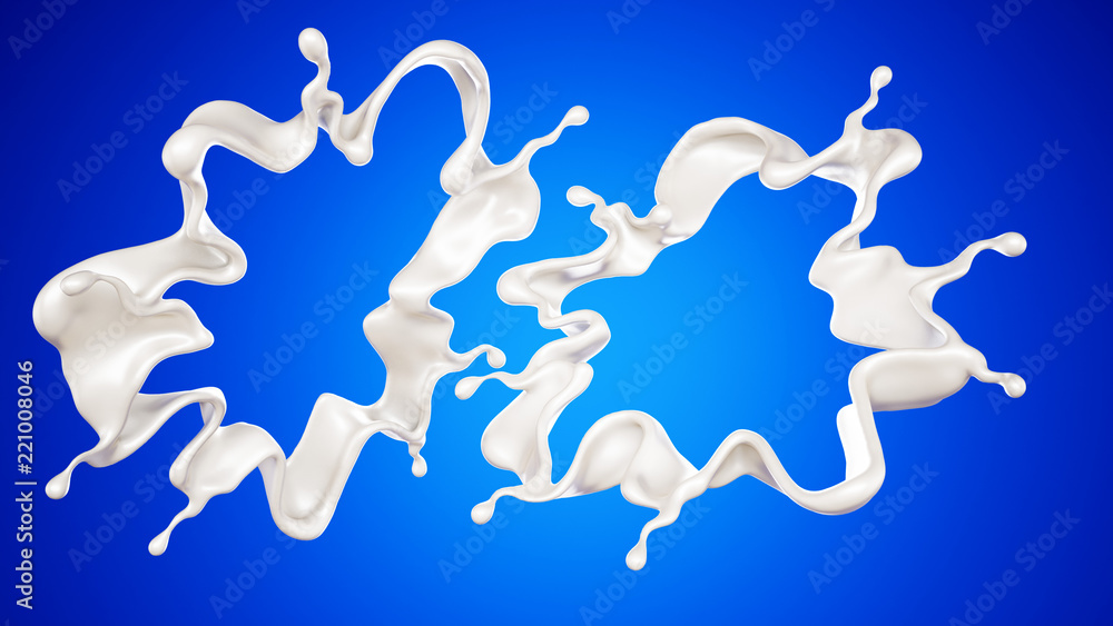 A splash of milk on a blue background. 3d illustration, 3d rendering. A splash of milk on a blue background. 3d illustration, 3d rendering.