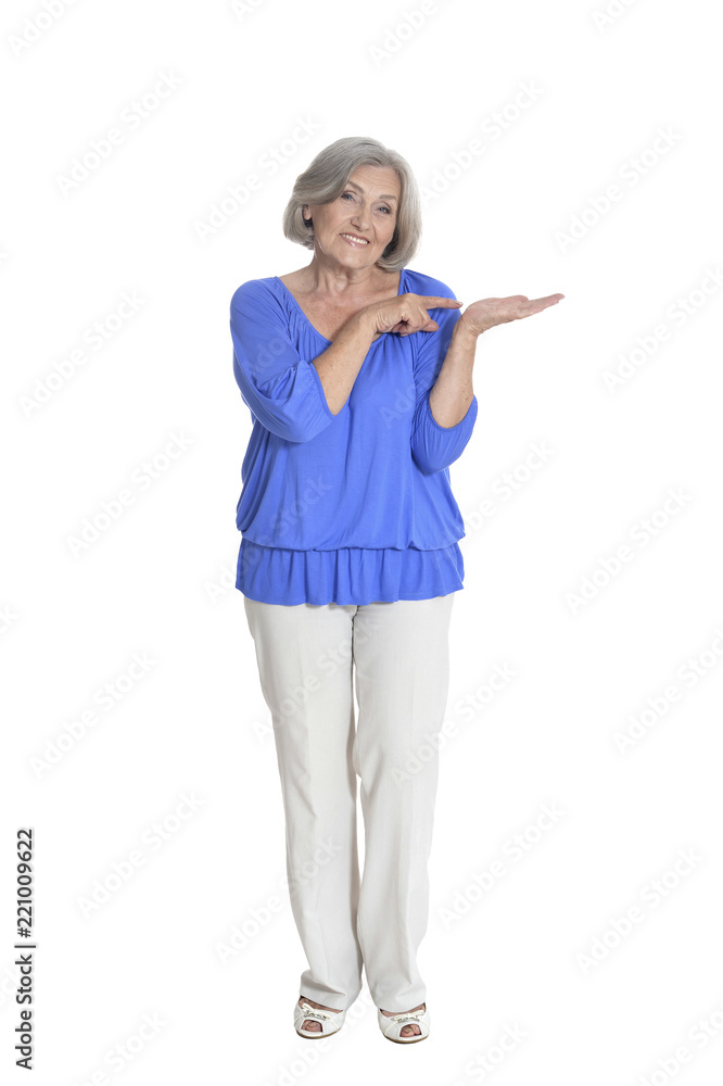 happy senior woman showing something isolated on white background happy senior woman showing something isolated on white background