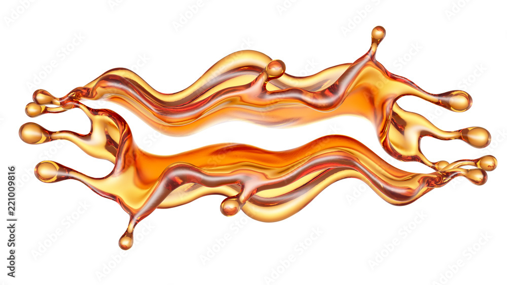 Splash of a transparent orange liquid on a white background. 3d illustration, 3d rendering. Splash of a transparent orange liquid on a white background. 3d illustration, 3d rendering.