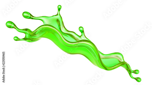 A splash of a transparent green liquid on a white background. 3d illustration, 3d rendering.