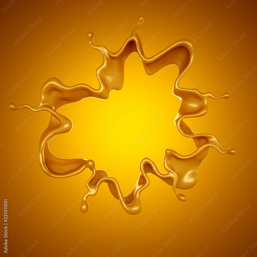 Golden splash of caramel on a yellow background. 3d illustration, 3d rendering. Golden splash of caramel on a yellow background. 3d illustration, 3d rendering.