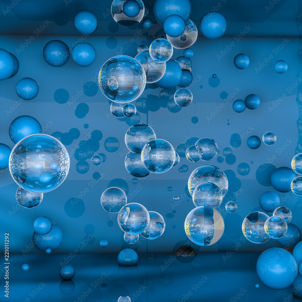 abstract blue background with three-dimensional spheres. 3D rendering