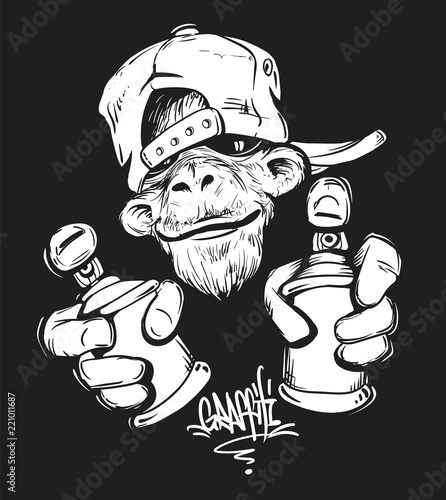 Monkey in cap holding a spray paint, vector print design for t-shirt