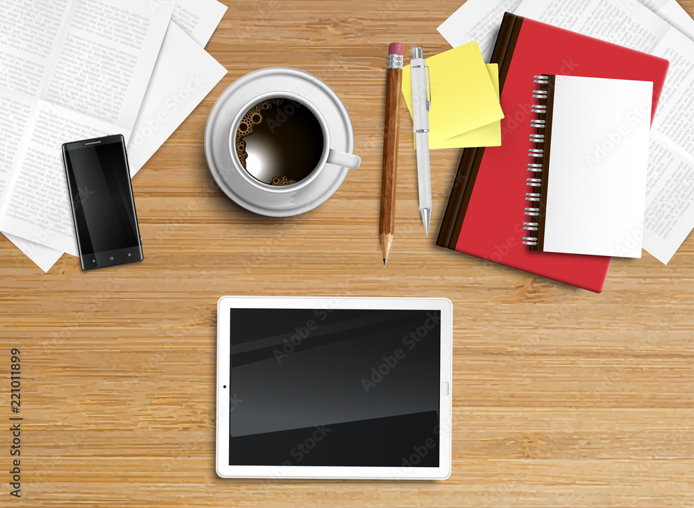 Realistic office desk with different objects, vector illustration Realistic office desk with different objects, vector illustration