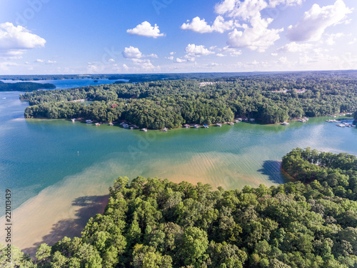 Aerial view of houses in Lake Lanier during Summer time