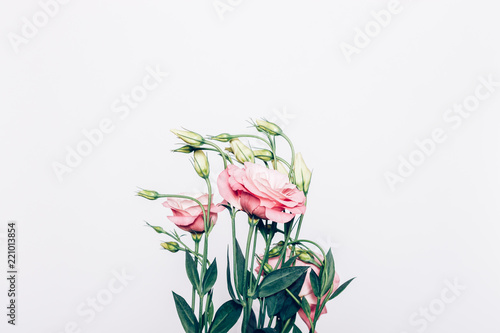 Refined pink flowers bouquet on white background