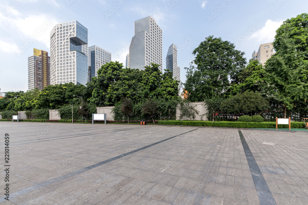 Raffles City，Panoramic skyline and buildings with empty concrete square floor in chengdu,china