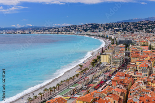 Cote d'azur, France. Beautiful panoramic aerial view of city of Nice. Luxury resort of French riviera. Front view of the Mediterranean sea, the bay of Angels