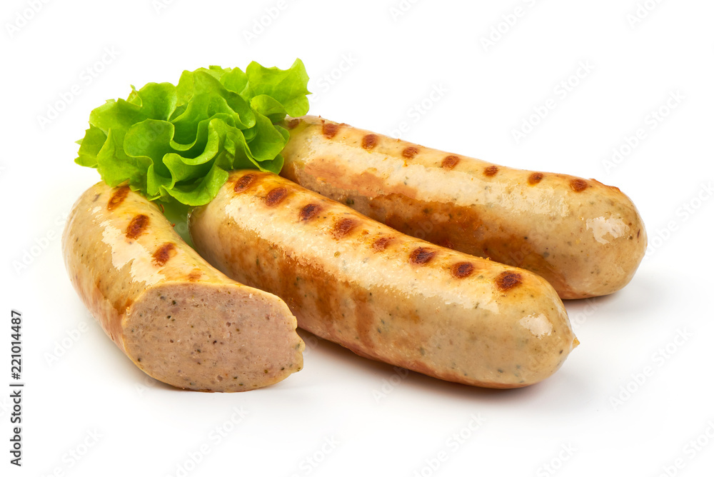 Grilled Bavarian sausages with green lettuce, isolated on white background. Grilled Bavarian sausages with green lettuce, isolated on white background.