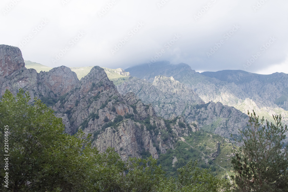 SPAIN PYRENEES ROCKY MOUNTAINS LANDSCAPE IN NURIA VALLEY IN CATALAN PROVINCE.