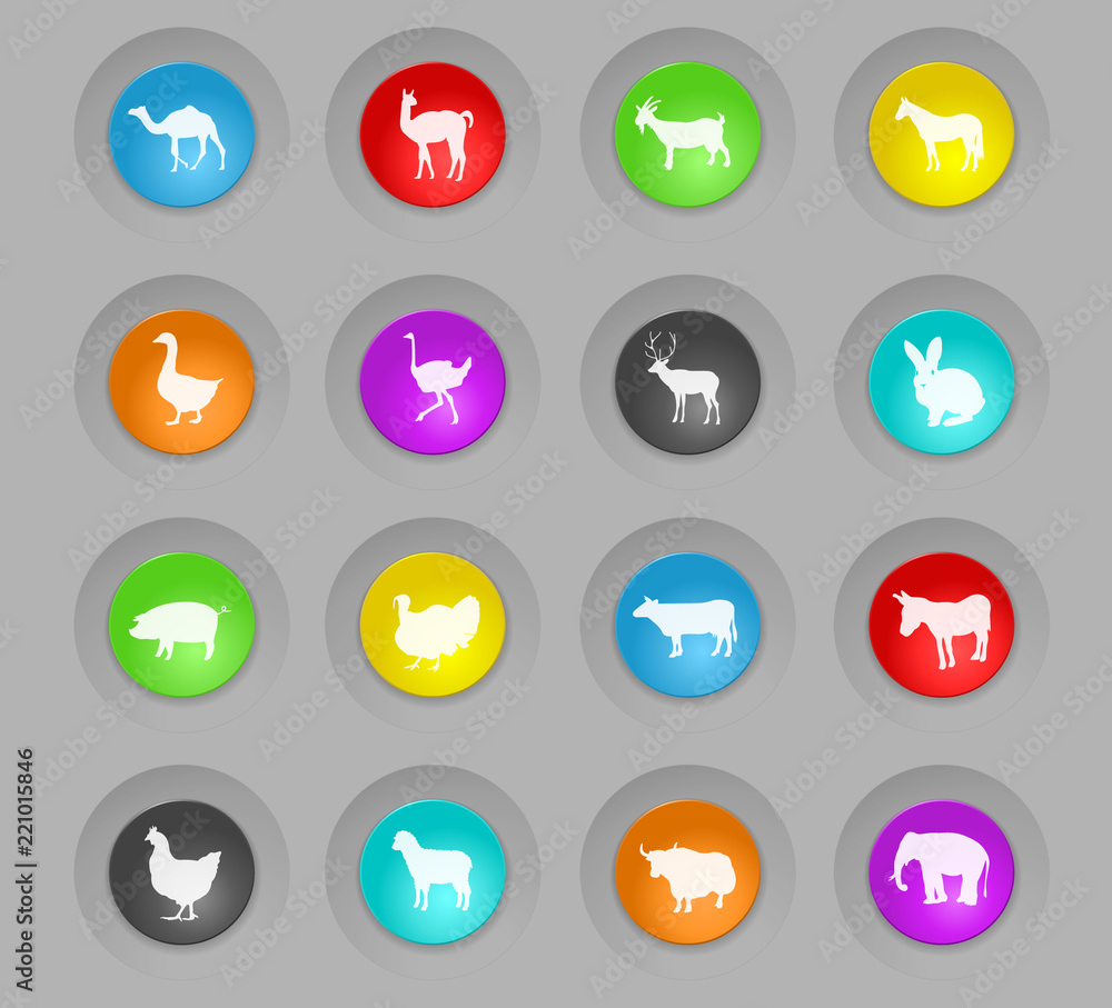 farm animals colored plastic round buttons icon set