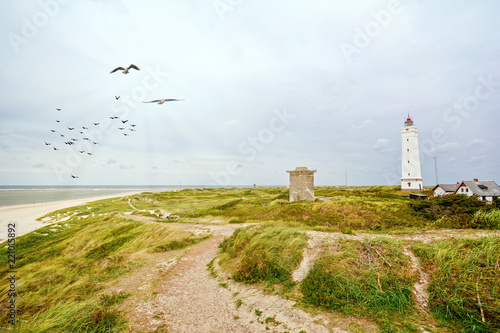 Canvas Print Lighthouse and old bunker in the sand dunes on the beach of Blavand, Jutland Den